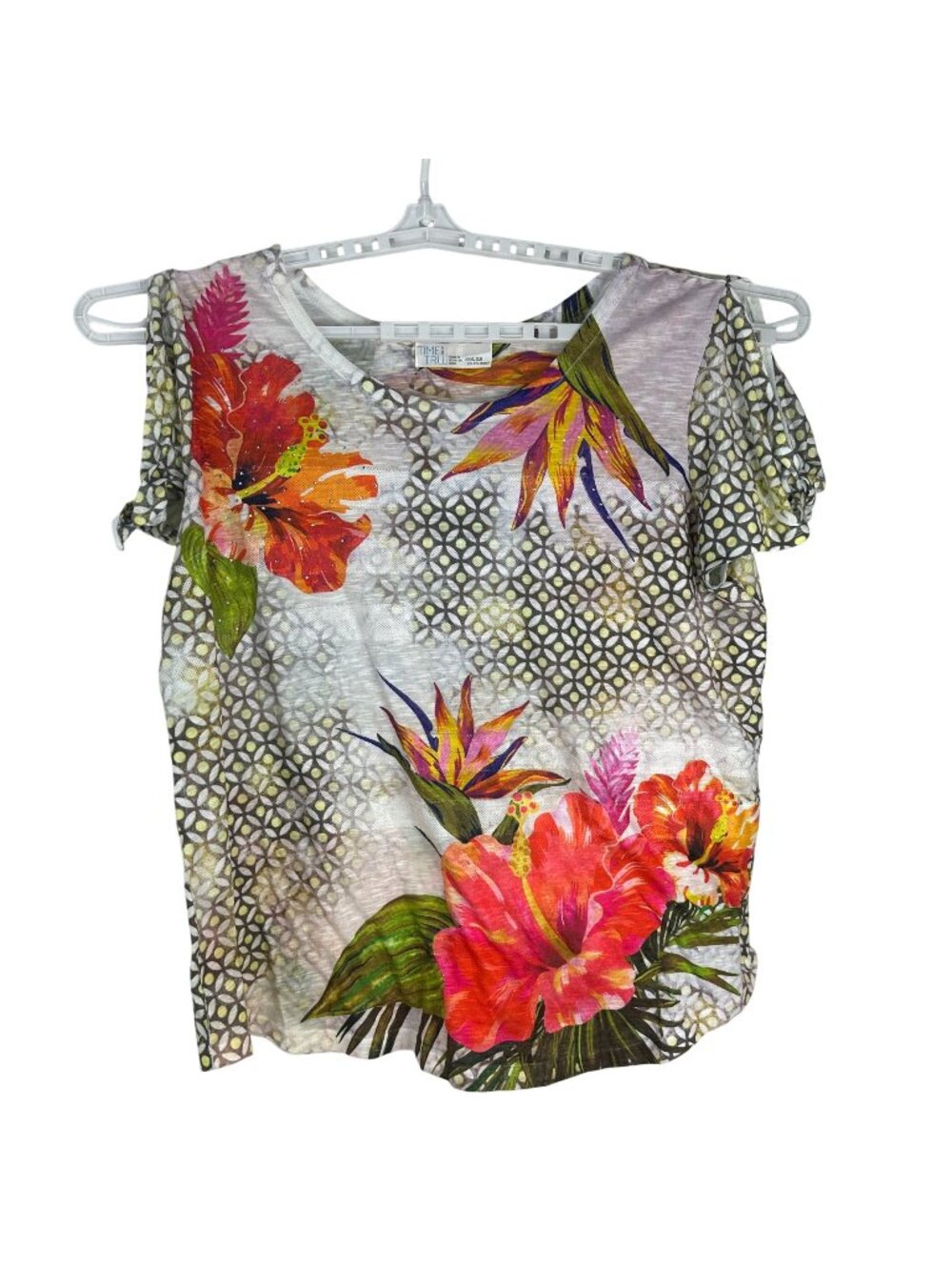 Time And Tru Floral Print Womens Top 3X Short Sleeve Coral Geometric Lightweight